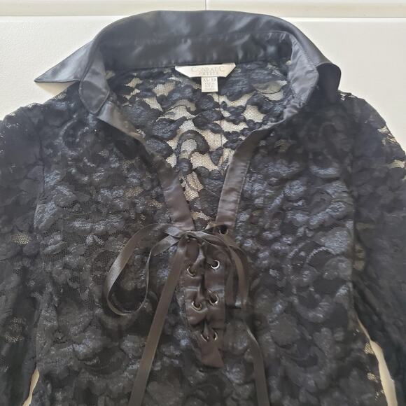 90s Y2K Whimsigoth Shirt Women XS Black Sheer Lace Long Sleeve Satin Lace-Up - Picture 2 of 8